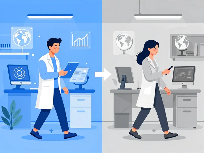 Flat minimalist illustration of AI researcher career transition between labs