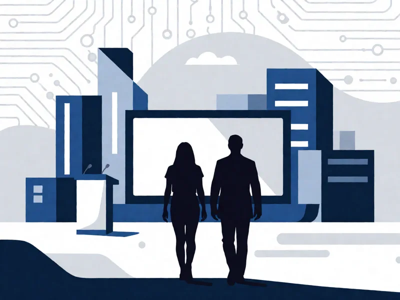 Two professionals walking toward a tech conference stage with geometric background