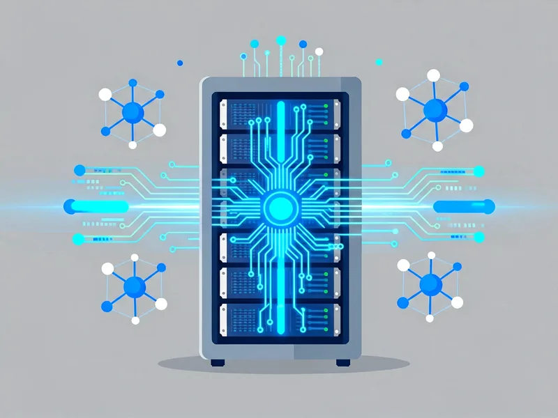 Enterprise AI server infrastructure with glowing blue circuit patterns and data streams