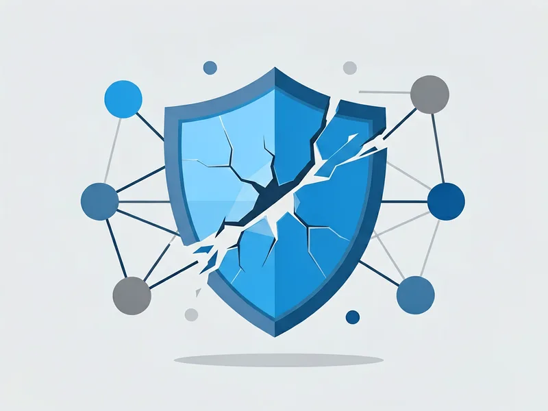 AI security breach illustration showing compromised data shield and protected network nodes